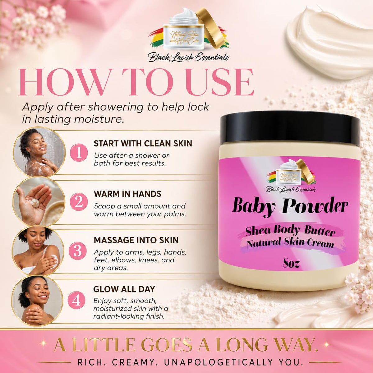 Black Lavish Essentials Ultra-Soft Shea Body Butter in a bathroom setting