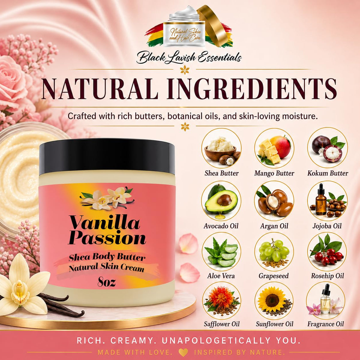 Black Lavish Essentials Ultra-Soft Shea Body Butter in a bathroom setting
