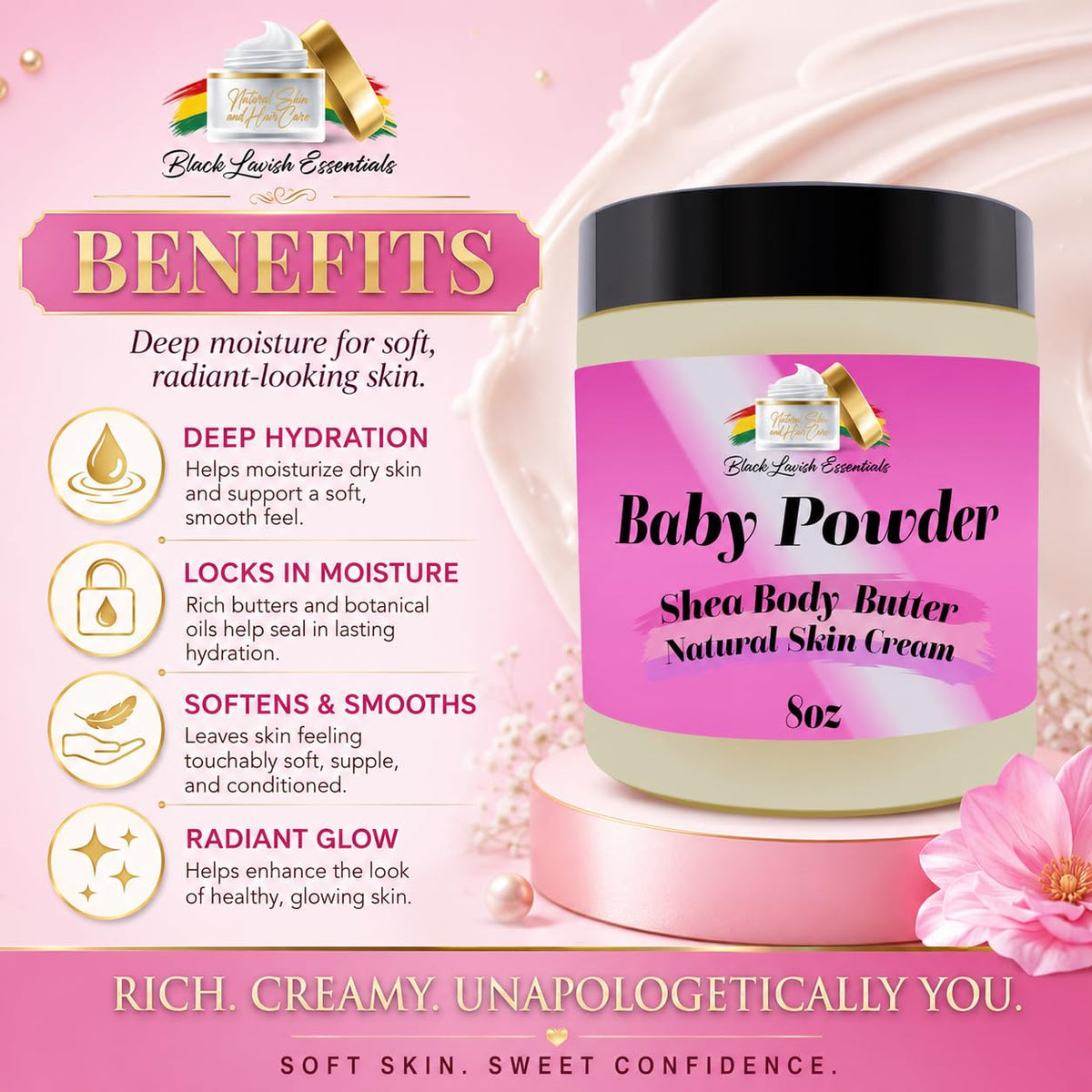 Black Lavish Essentials Ultra-Soft Shea Body Butter on a wooden surface