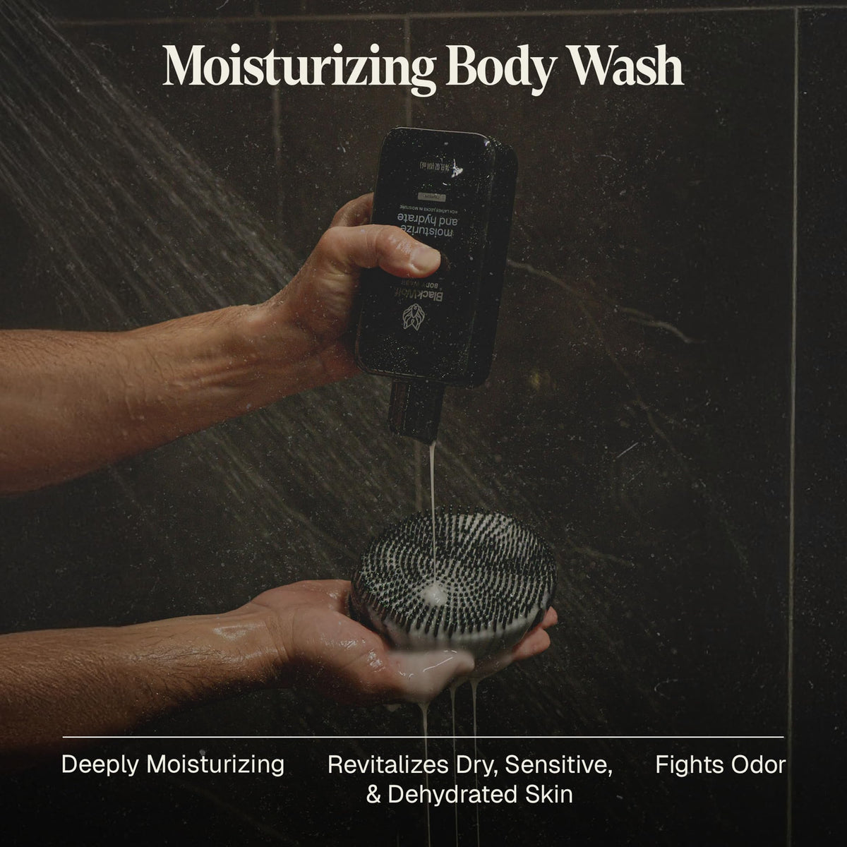 Black Wolf body wash bottle showing sandalwood scent