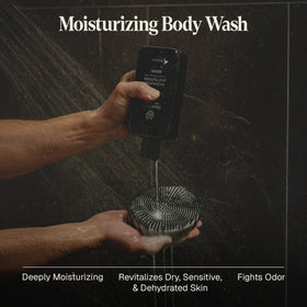 Black Wolf body wash bottle showing sandalwood scent