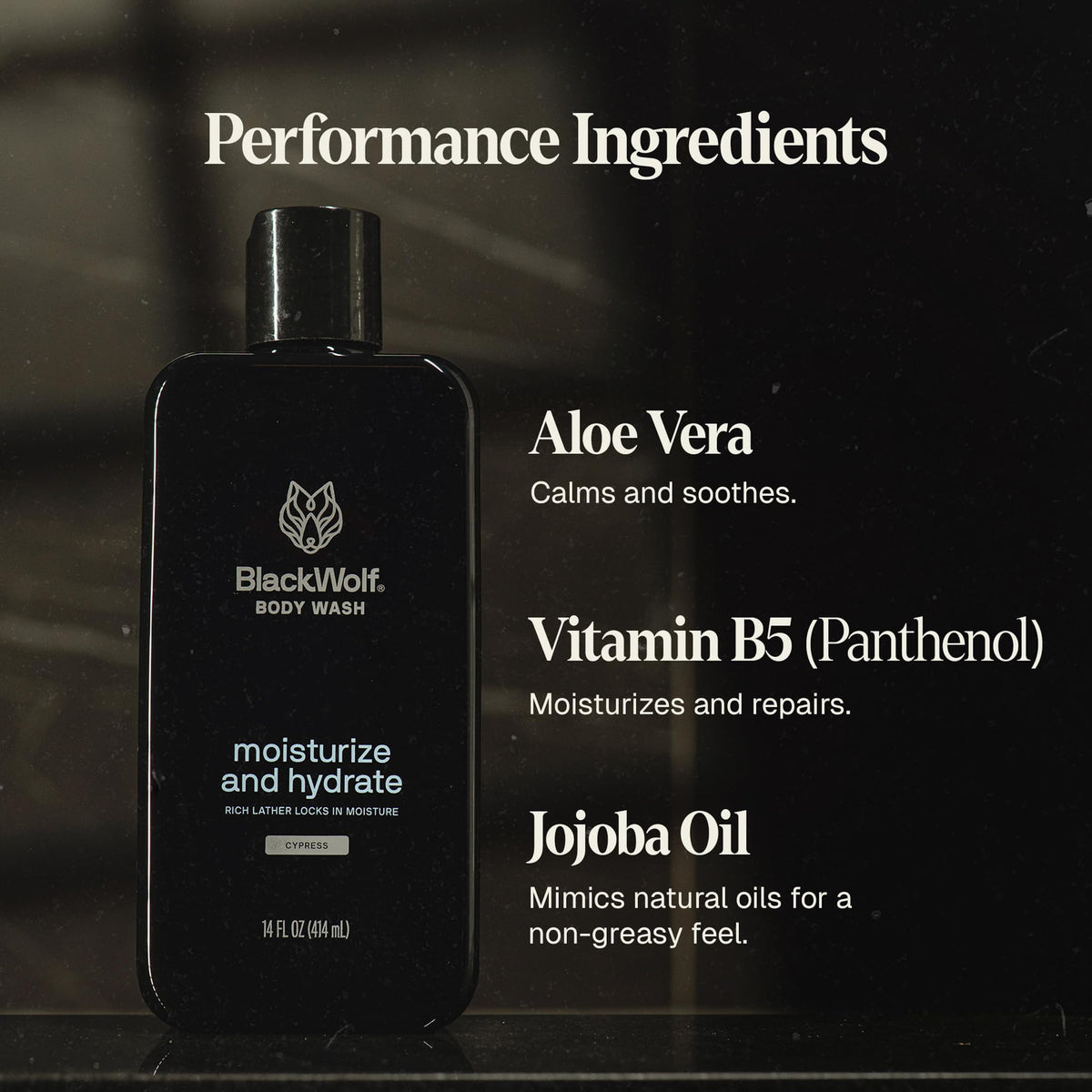 Black Wolf body wash with aloe vera and jojoba oil ingredients