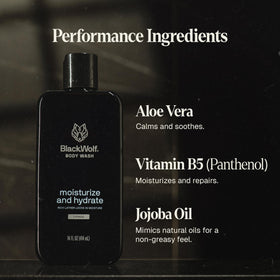 Black Wolf body wash with aloe vera and jojoba oil ingredients