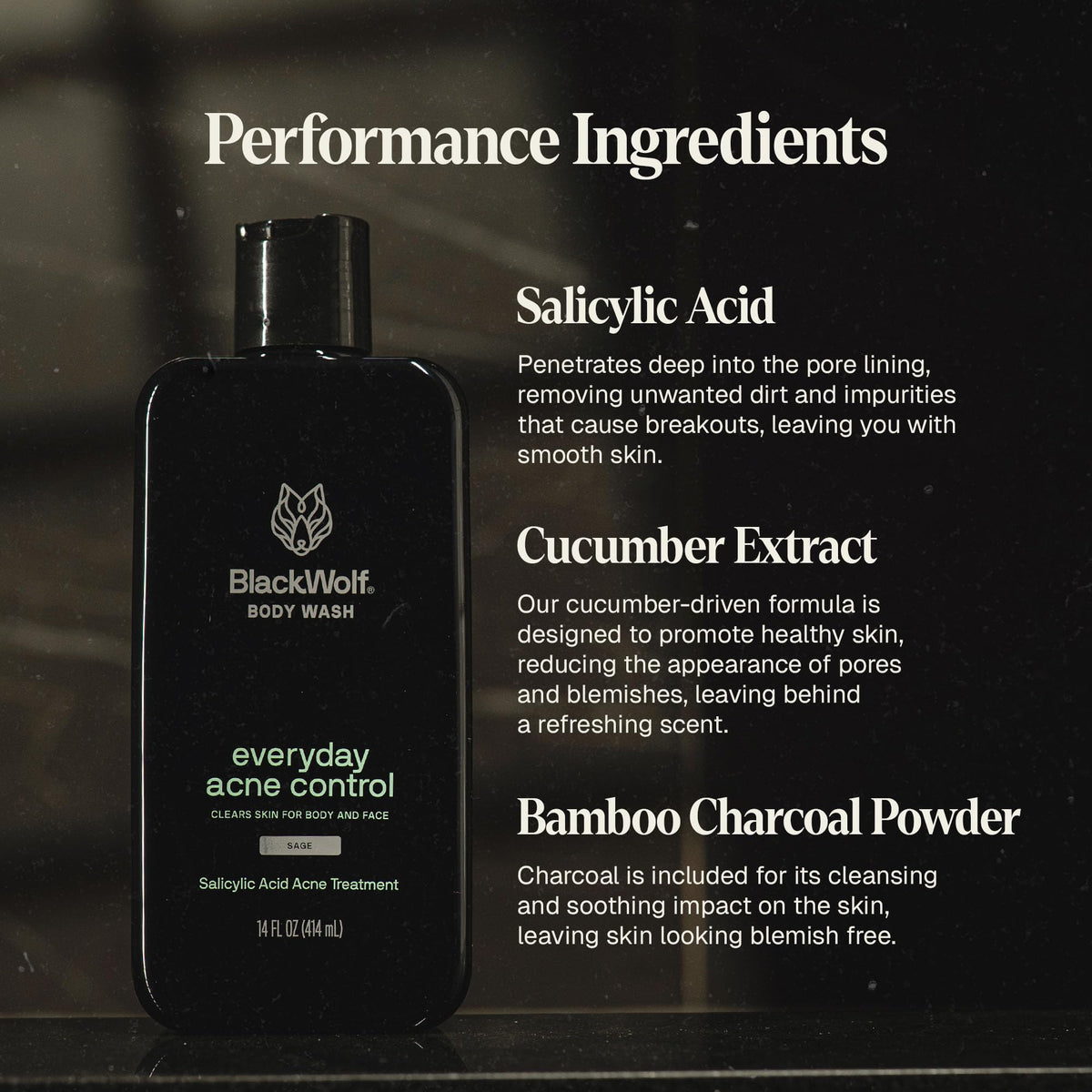 Black Wolf Salicylic Acid Body Wash in a bathroom setting