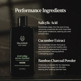 Black Wolf Salicylic Acid Body Wash in a bathroom setting