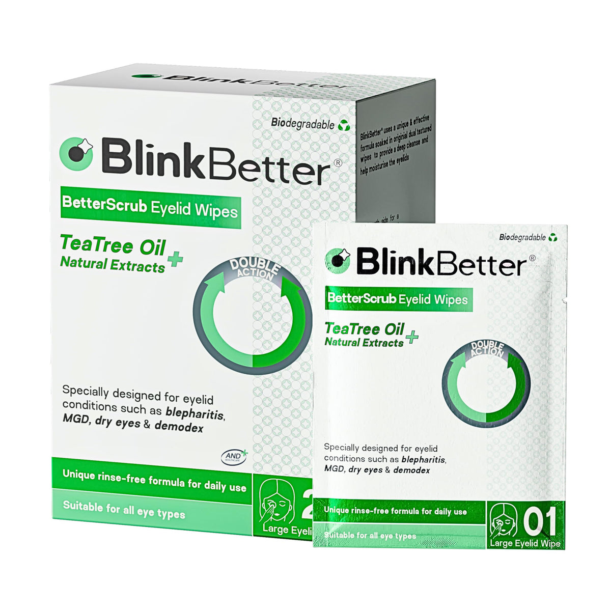 BlinkBetter Eyelid Wipes pack front view with natural ingredients listed