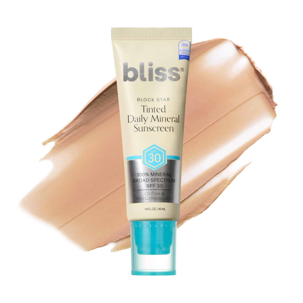 Bliss Block Star Tinted Mineral Face Sunscreen SPF 30 front view with packaging