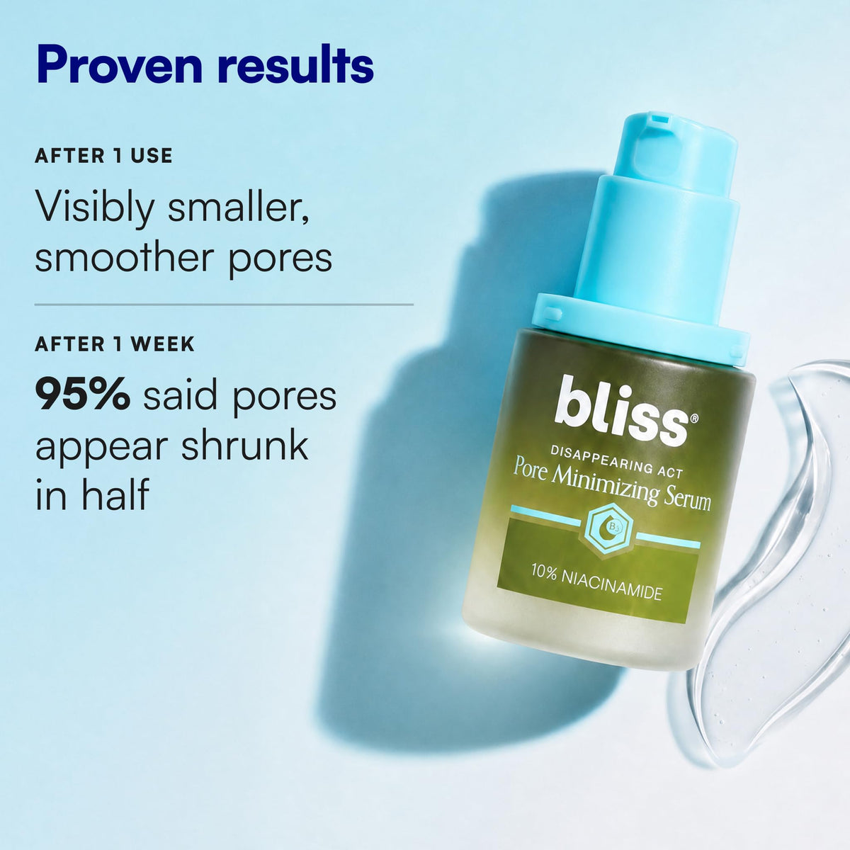 Bliss Disappearing Act Niacinamide Pore Serum bottle showing the pump