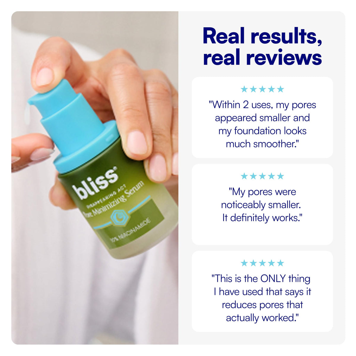 Bliss Disappearing Act Niacinamide Pore Serum close-up of bottle