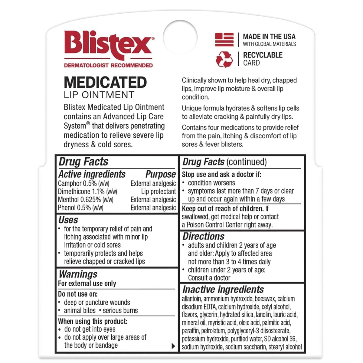 Blistex Medicated Lip Ointment packaging details