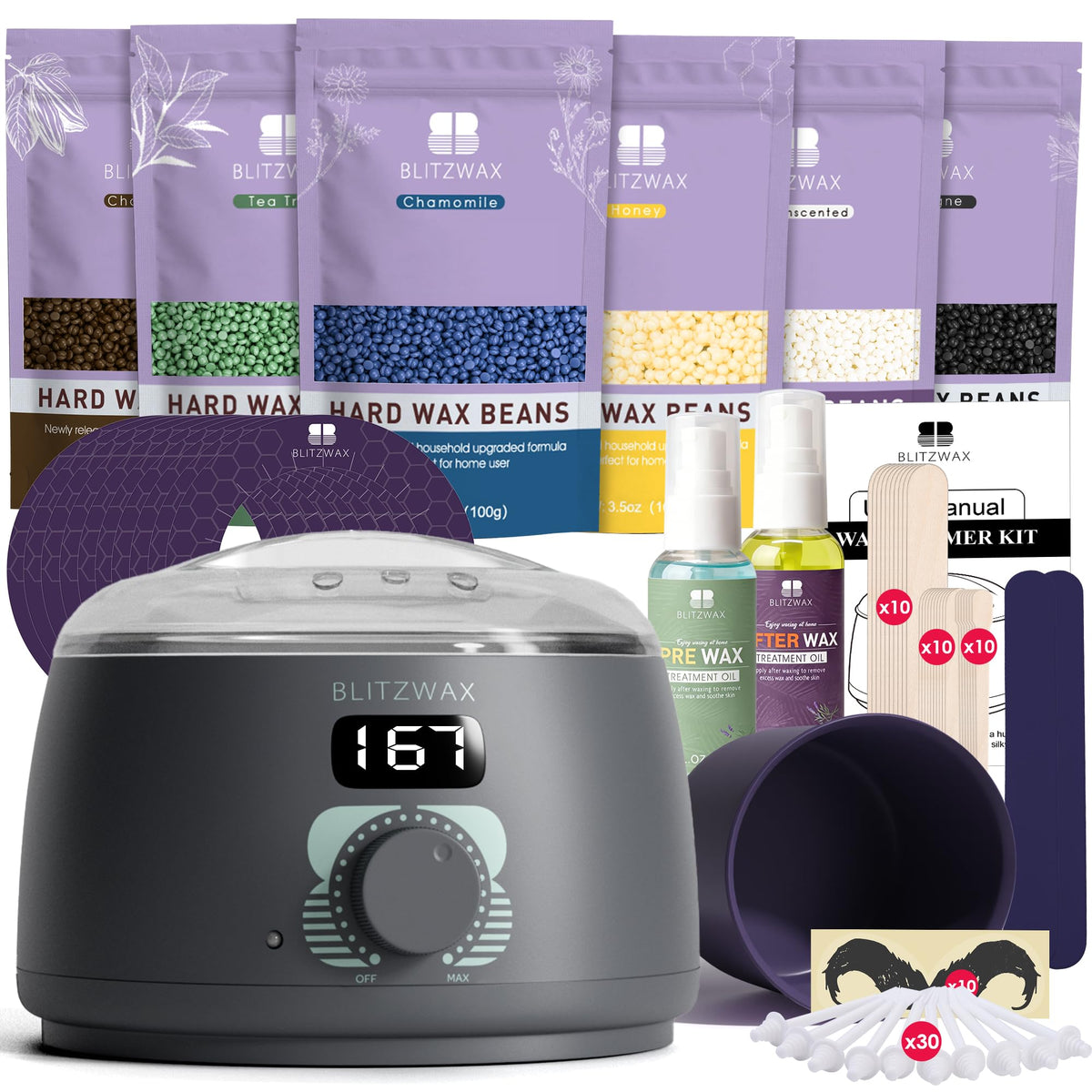 BLITZWAX Waxing Kit for Men with hard wax warmer and applicators