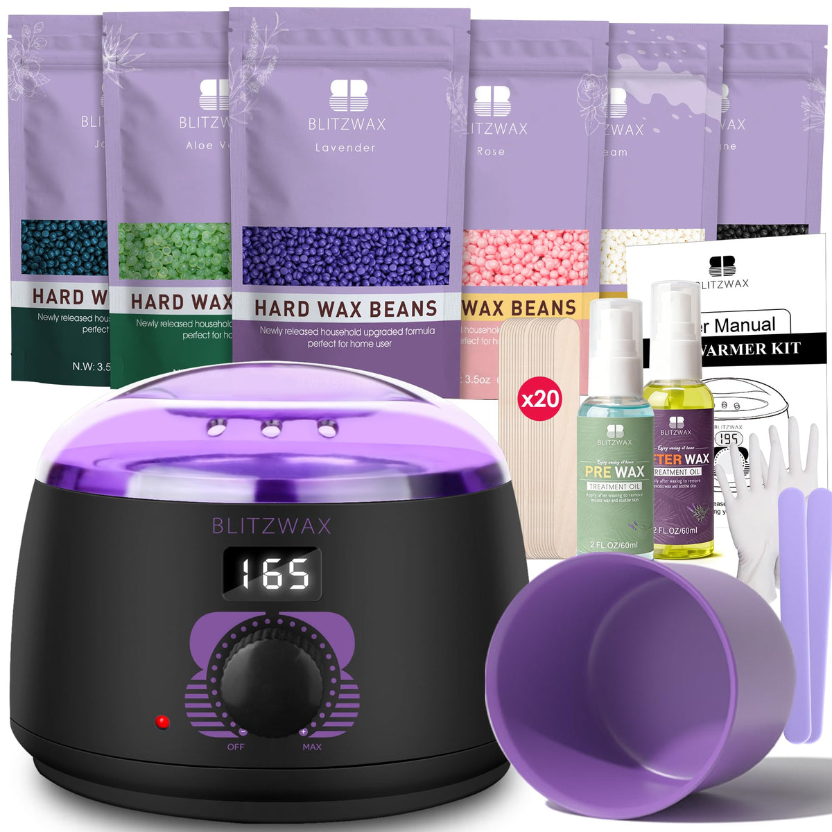 BLITZWAX Waxing Kit front view with wax warmer and beans