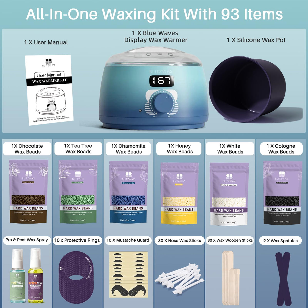 BLITZWAX Waxing Kit with pre- and post-wax oils