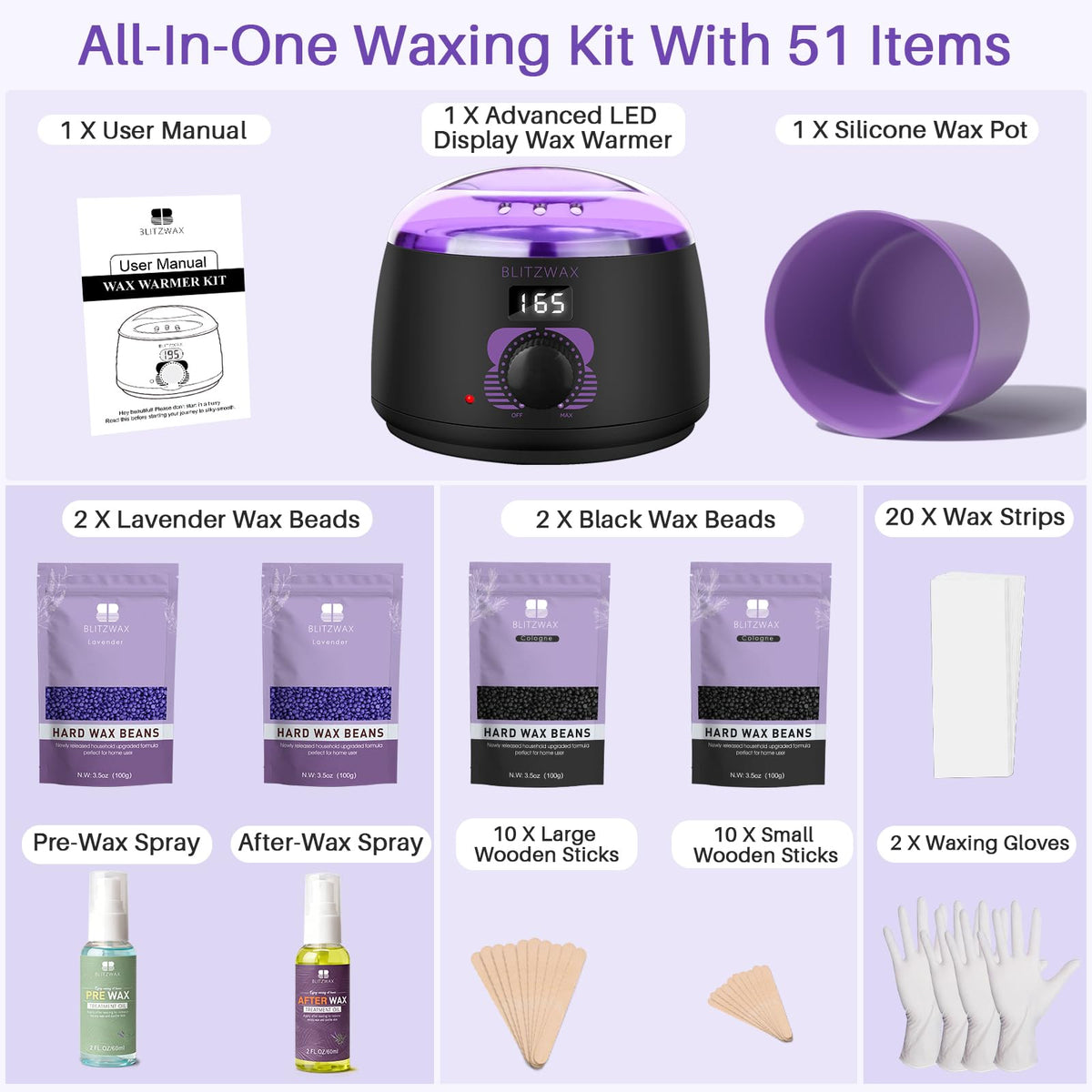 BLITZWAX Waxing Kit with wax paper and gloves