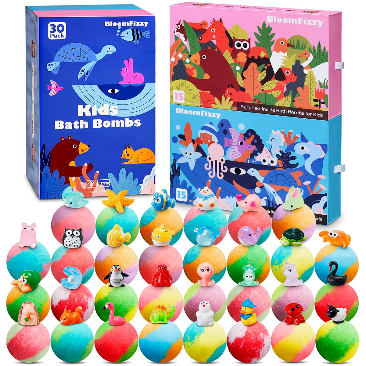 BloomFizzy Kids Bath Bombs 30 Pack with vibrant colours