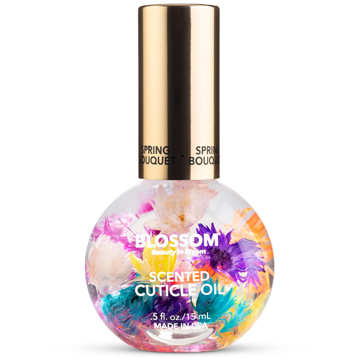 Blossom Cuticle Oil 0.5 fl. oz bottle front view with real flowers