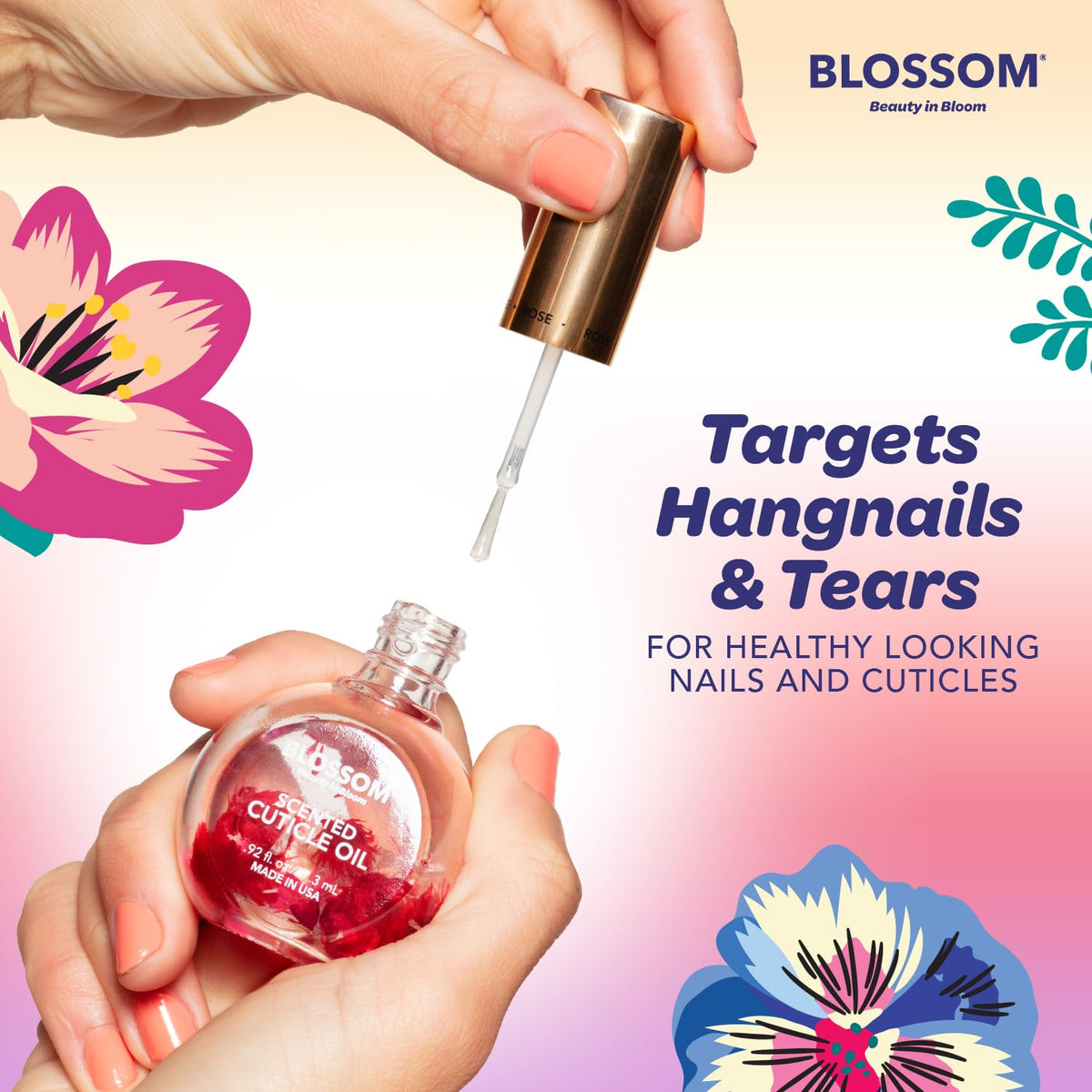 Blossom Cuticle Oil 0.5 fl. oz bottle surrounded by dried flowers