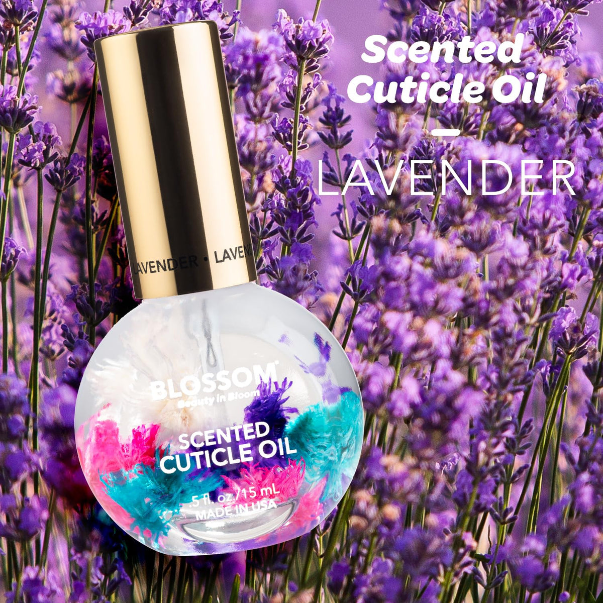 Blossom Cuticle Oil 0.5 fl. oz Lavender bottle with floral design