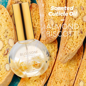 Blossom Cuticle Oil Almond Biscotti bottle with floral design