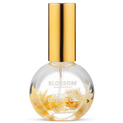 Blossom Cuticle Oil Almond Biscotti front view with real flowers