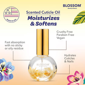 Blossom Cuticle Oil Almond Biscotti with flowers on a wooden surface
