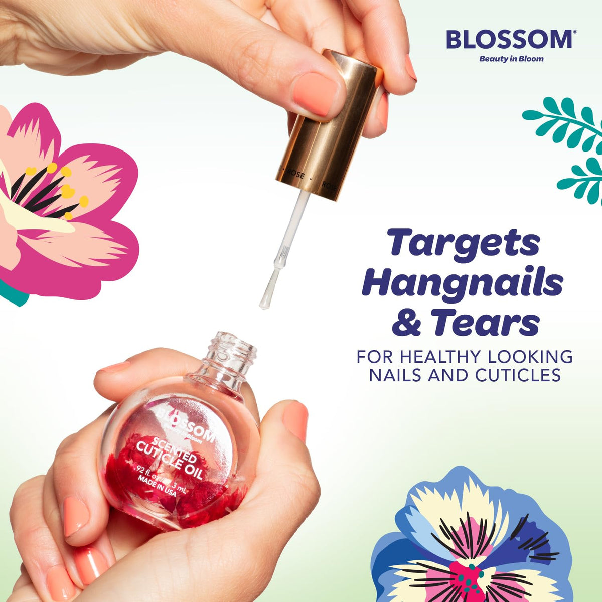 Blossom Cuticle Oil applied to nails with a floral background