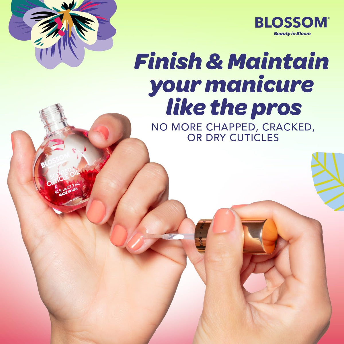 Blossom Cuticle Oil bottle close-up highlighting real flowers