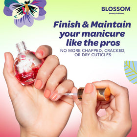 Blossom Cuticle Oil bottle close-up highlighting real flowers