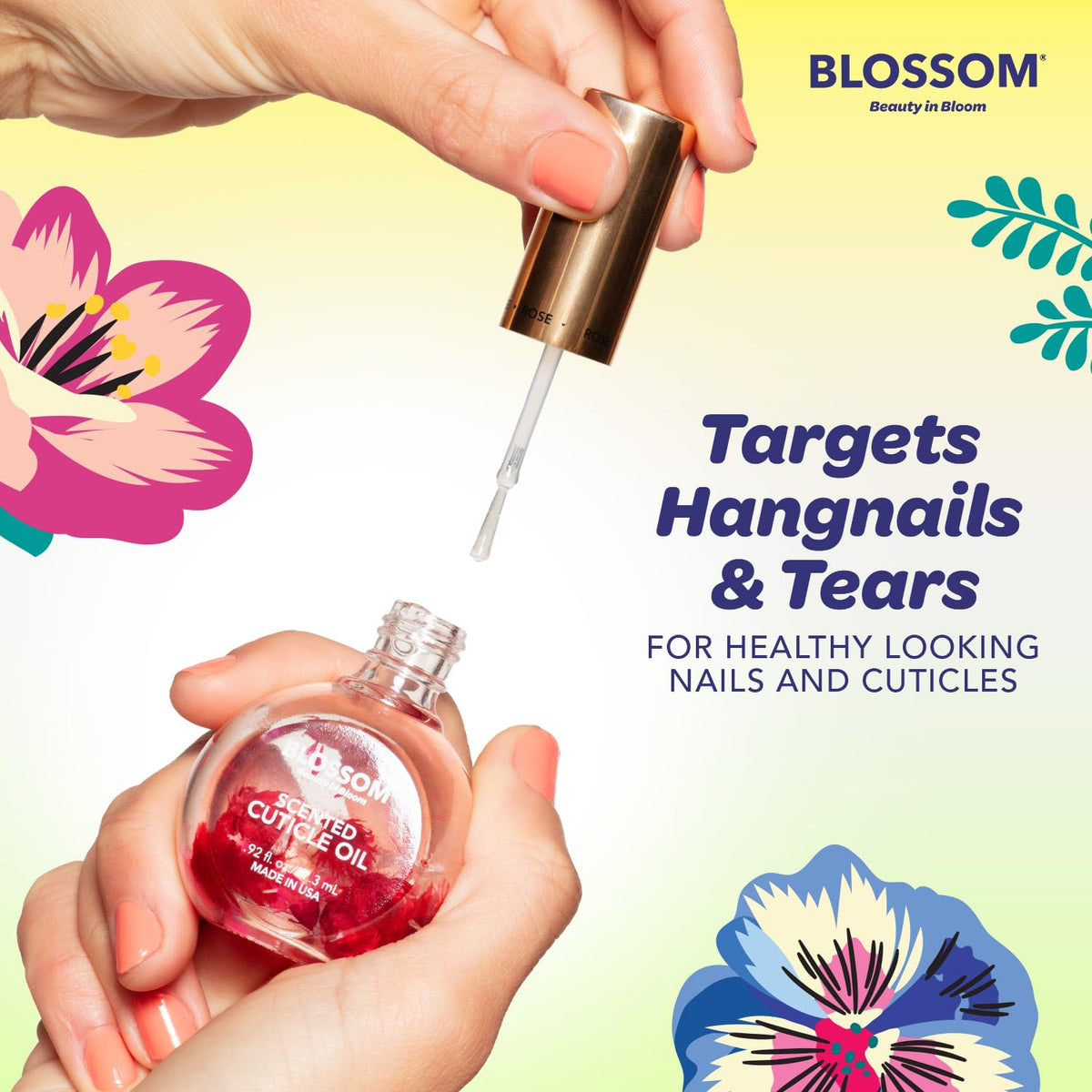 Blossom Cuticle Oil bottle on a vanity table