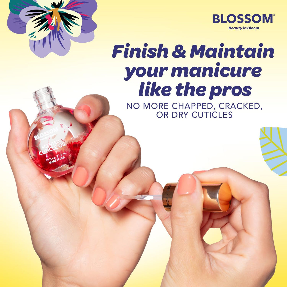 Blossom Cuticle Oil bottle on a wooden surface