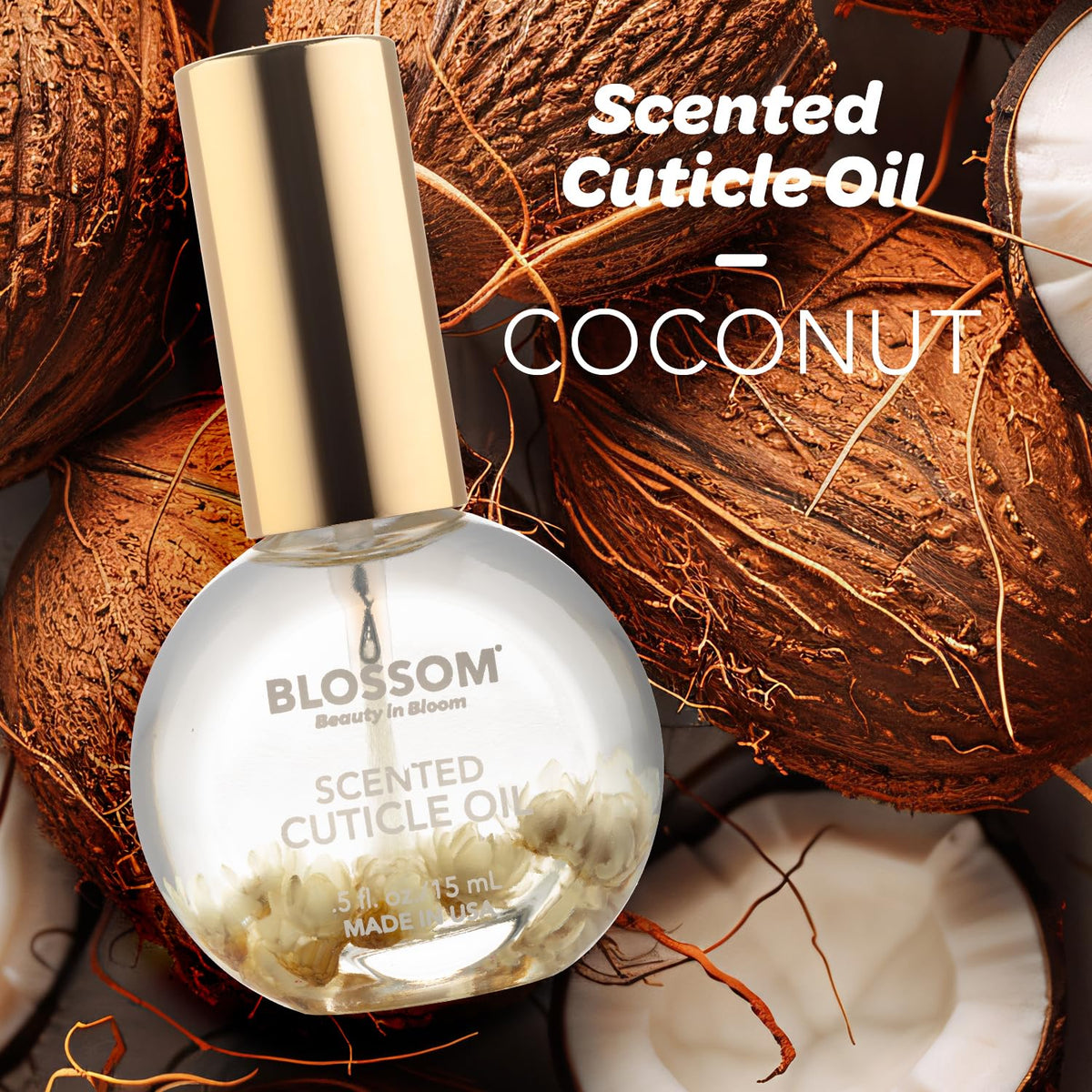 Blossom Cuticle Oil bottle side view showcasing floral infusion