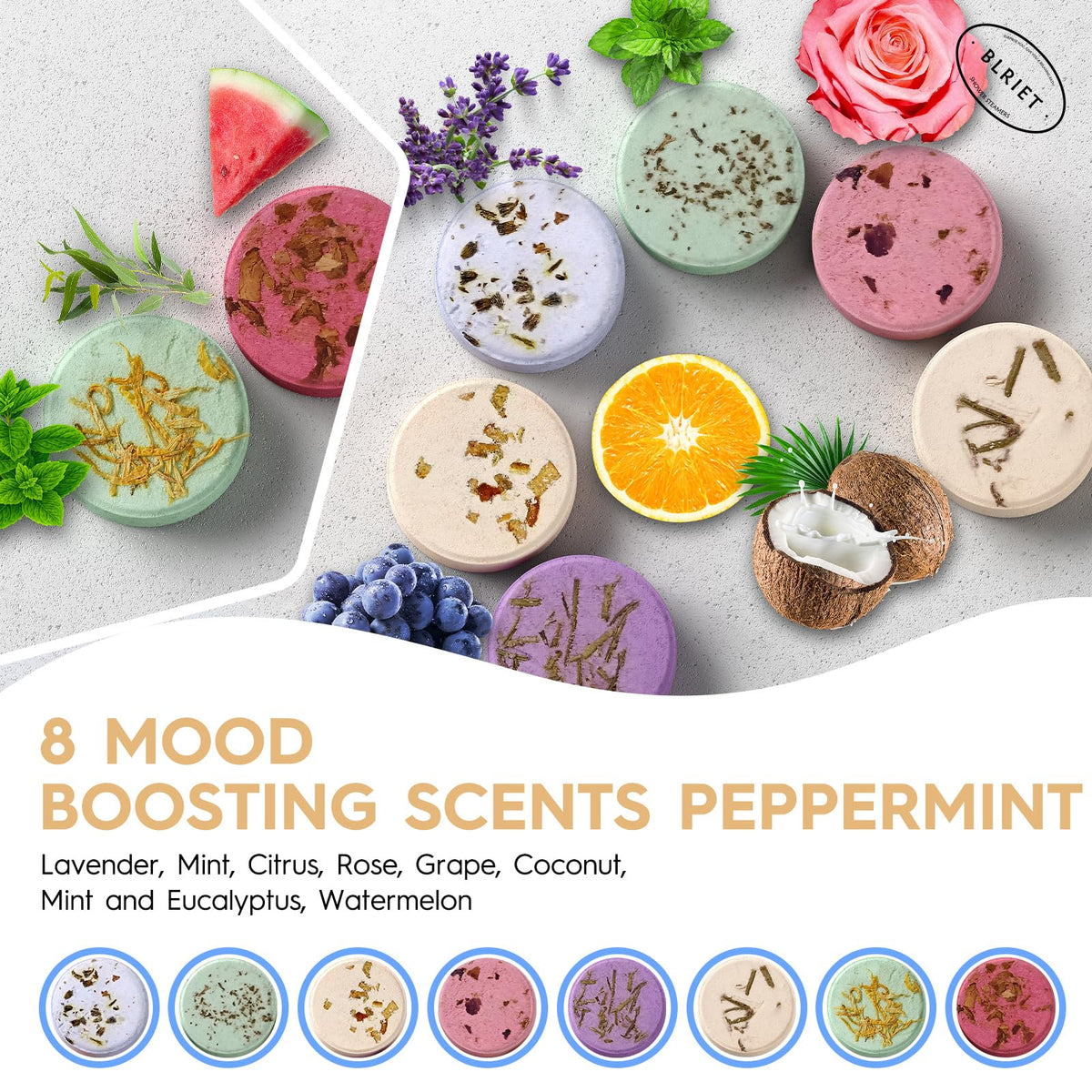 BLRIET Shower Steamers displayed in a relaxing bathroom setting