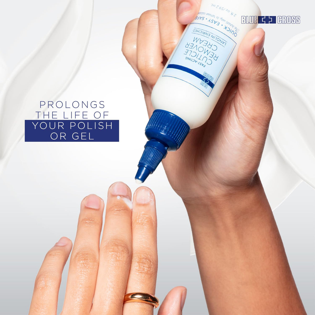 Blue Cross Cuticle Remover Cream application on nails