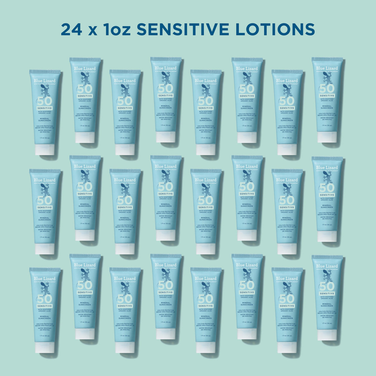 BLUE LIZARD Sensitive Mineral Sunscreen Lotion SPF 50 packaging with 24 tubes