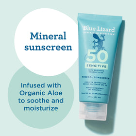 BLUE LIZARD Sensitive Mineral Sunscreen SPF 50 on a beach towel