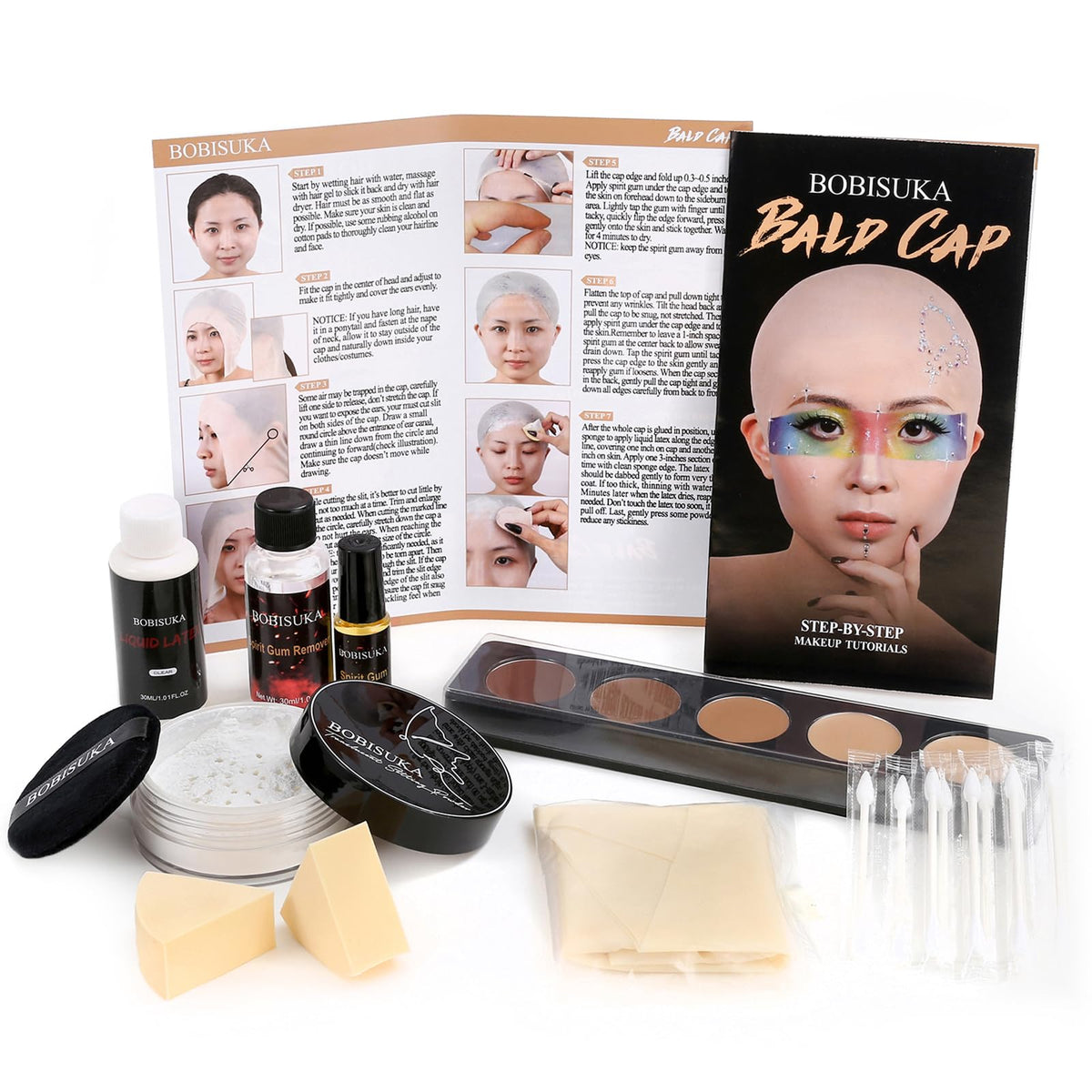 BOBISUKA Bald Cap Makeup Kit contents including bald cap and greasepaint palette