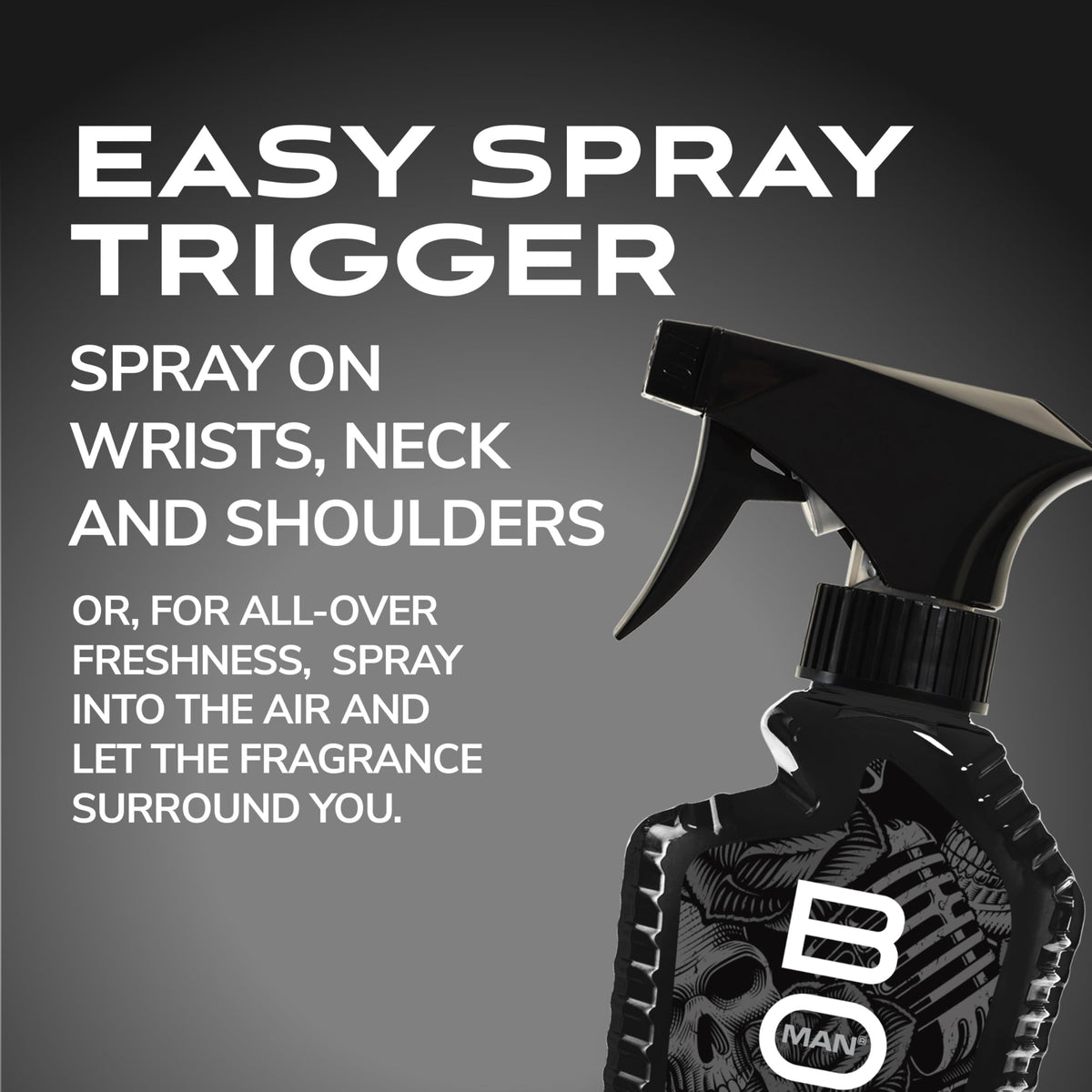 BOD man Fragrance Body Spray Black bottle side view