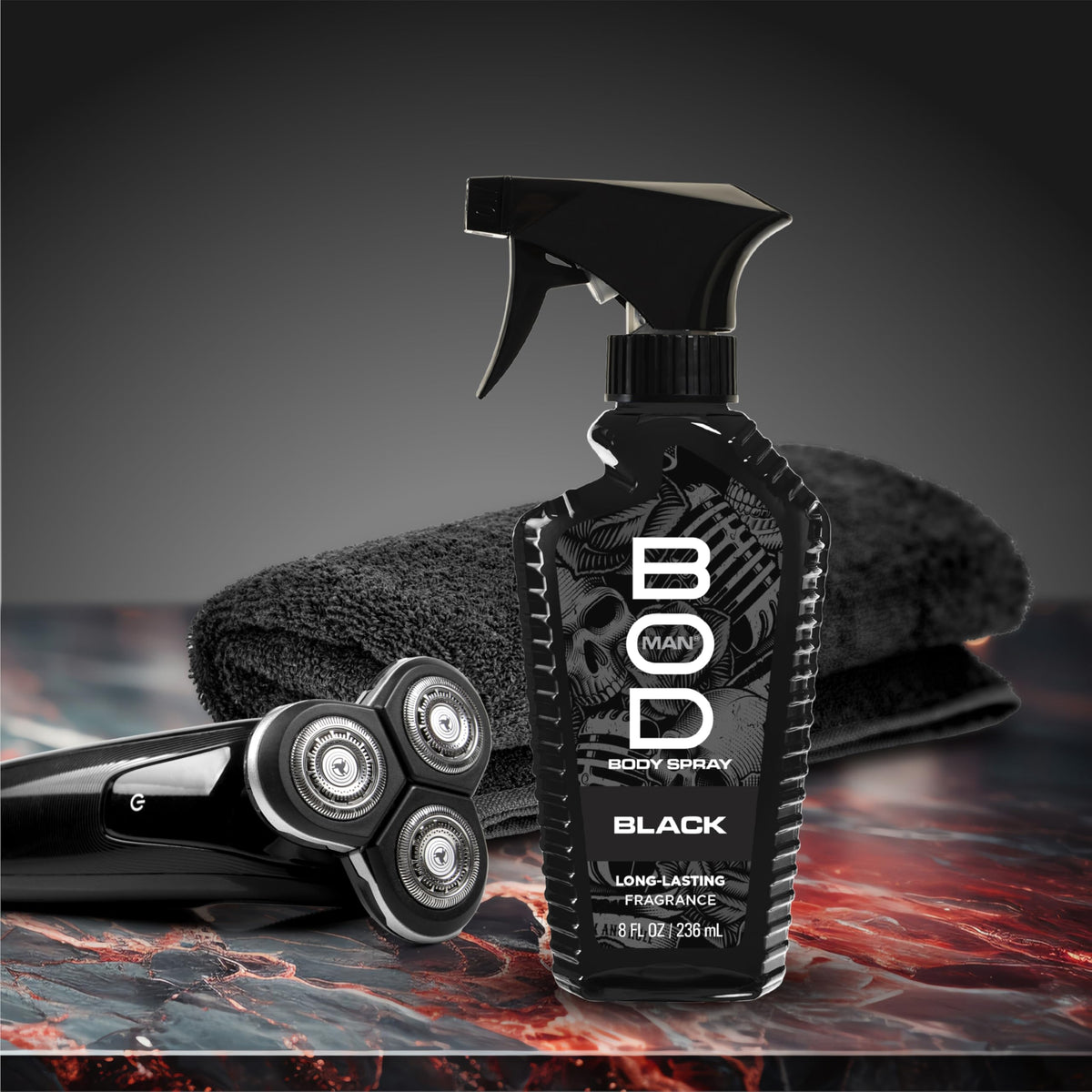 BOD man Fragrance Body Spray Black on a bathroom shelf