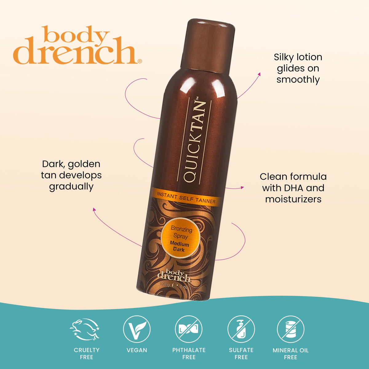 Body Drench QuickTan bronzing spray application on skin