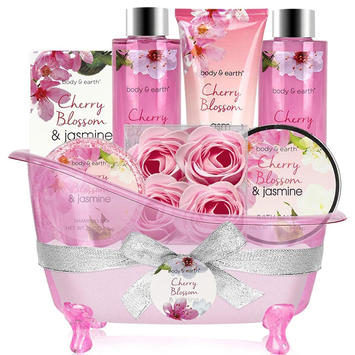 BODY & EARTH Cherry Blossom & Jasmine Bath Set gift basket front view