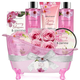 BODY & EARTH Cherry Blossom & Jasmine Bath Set gift basket front view