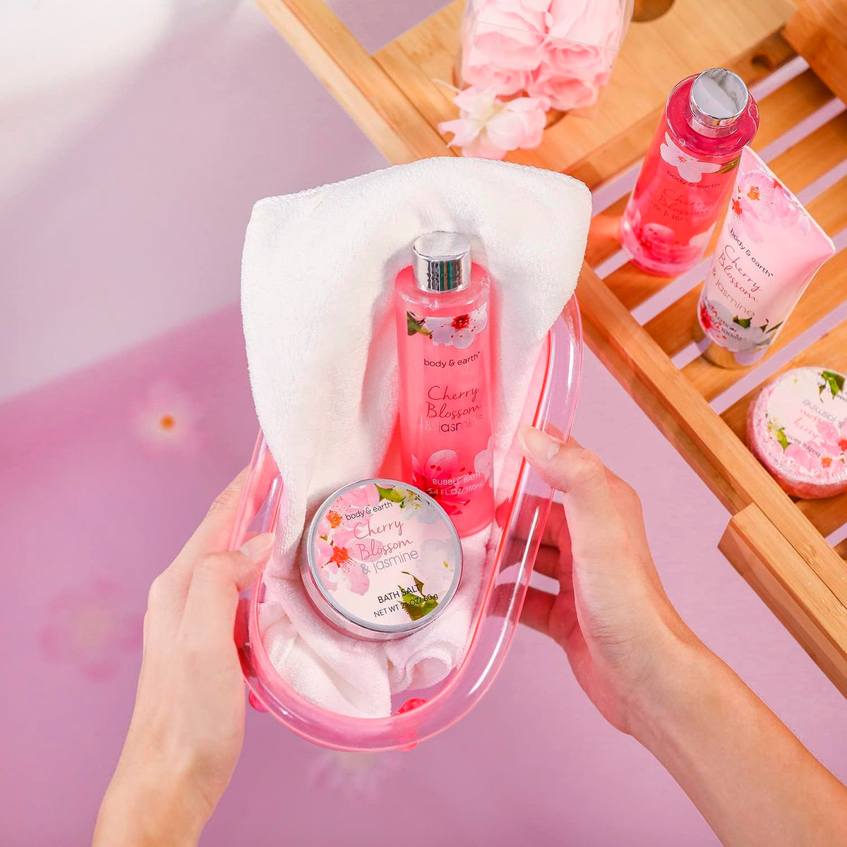 BODY & EARTH Cherry Blossom & Jasmine bath set with floral background