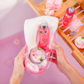 BODY & EARTH Cherry Blossom & Jasmine bath set with floral background