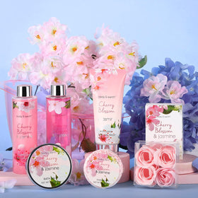 BODY & EARTH Cherry Blossom & Jasmine bubble bath and shower gel bottles