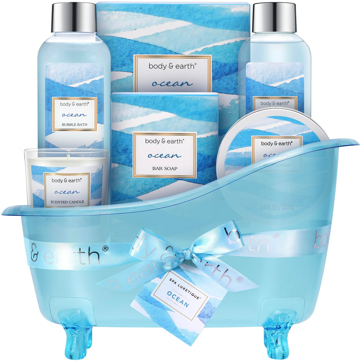 BODY & EARTH Ocean Gift Basket front view with all 7 pieces