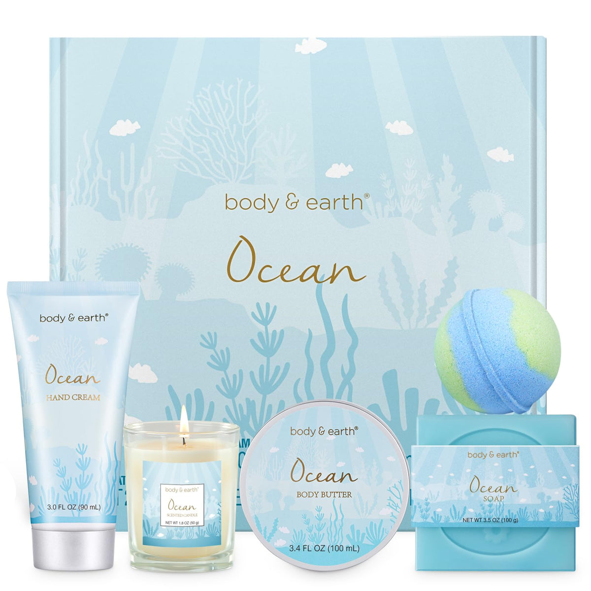 BODY & EARTH Ocean Scented Spa Gift Set front view with all items displayed