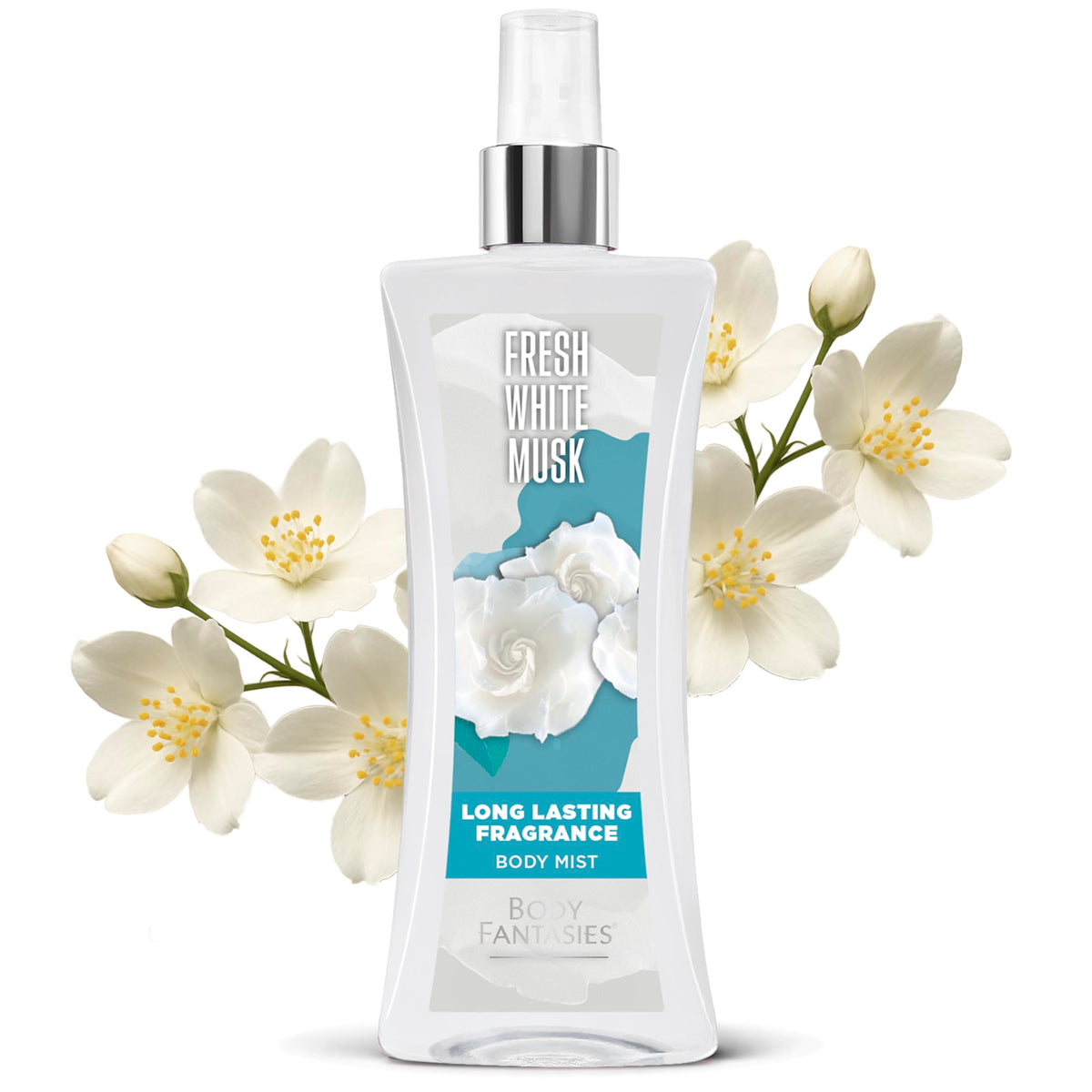 Body Fantasies Fresh White Musk Body Spray bottle with floral background