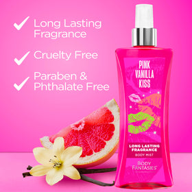 Body Fantasies Pink Vanilla Kiss Body Spray on a vanity