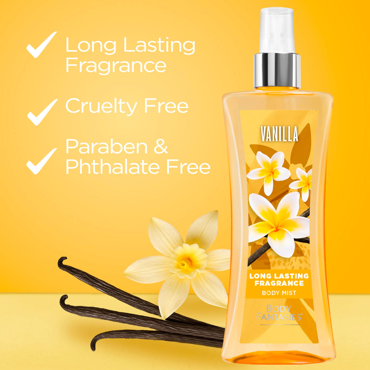 Body Fantasies Vanilla Body Spray with floral background