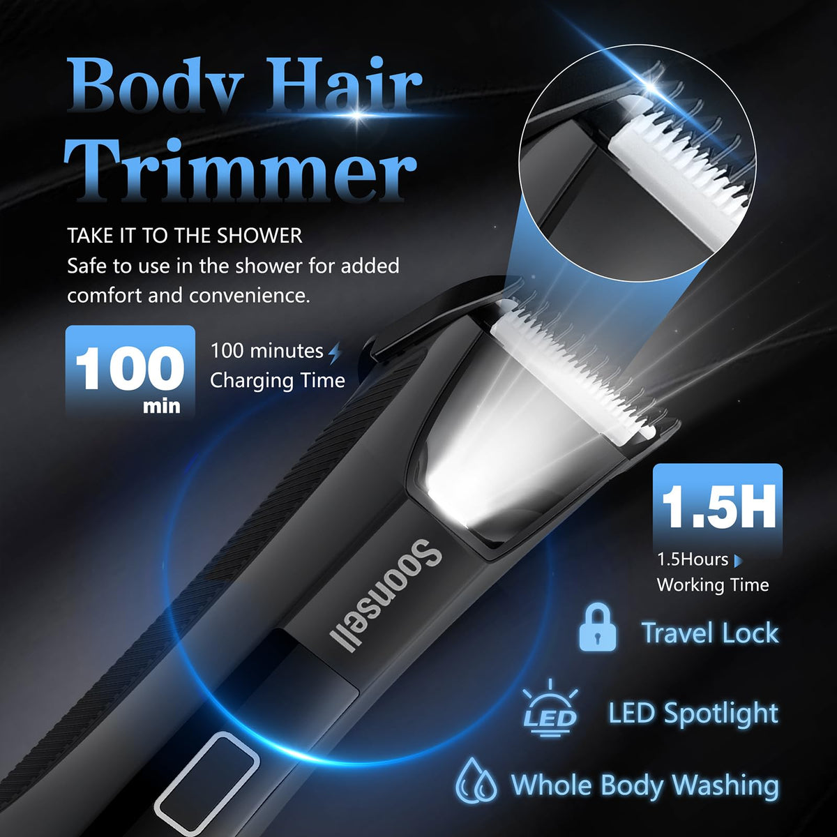 Body hair trimmer from Soonsell with LED light feature